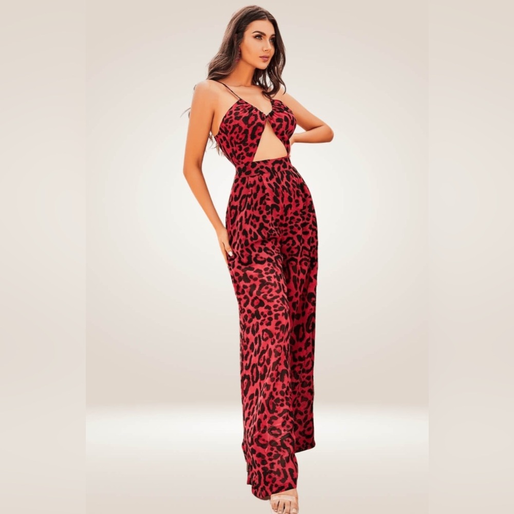 Love & Lemonade Leopard Cutout Spaghetti Strap Backless Jumpsuit L, Red/Black
